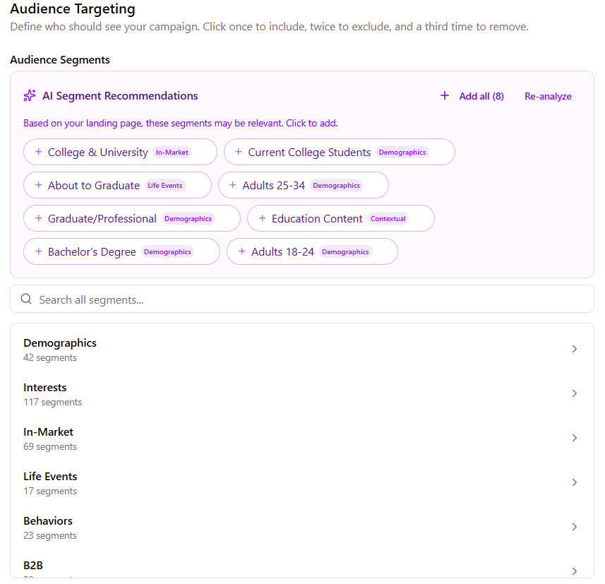 Audience Targeting step of the campaign wizard, with AI Segment Recommendations at top, then the segment library categorized as Demographics, Interests, In-Market, Life Events, Behaviors, and B2B